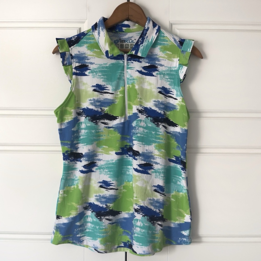IBKUL 1/4 Zip Polo Top Medium Blue Green Golf Tennis Pickleball Matilda UPF 50+
